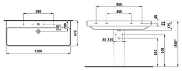 LAUFEN PRO S umyvadlo 120 cm, se 2 otvory pro baterie a přepadem H8149650001071 Technický nákres