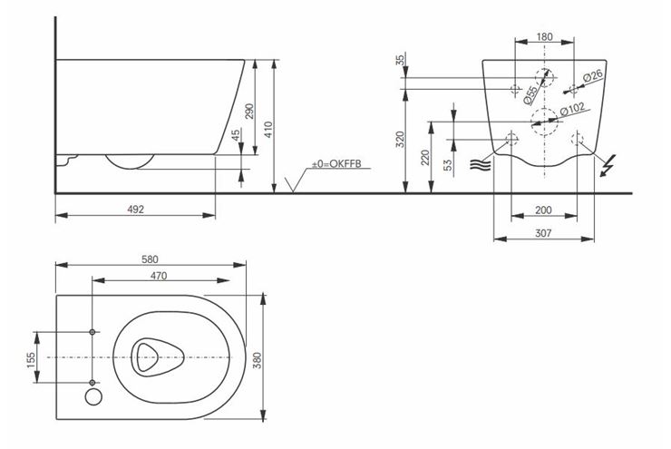CONCEPT 200, 300 závěsné WC, Rimless splachování 542ERY-CON-WC-R Technický nákres