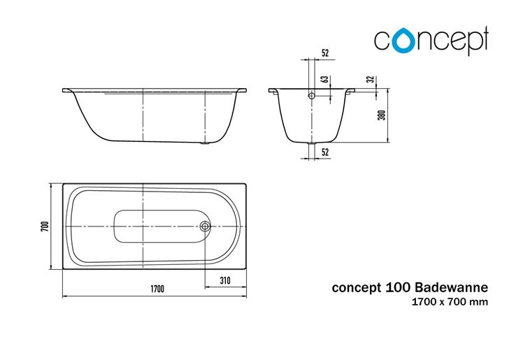 CONCEPT 100 vana 170x70 cm, bez nožiček, smaltovaná ocel 705715470001 Technický nákres