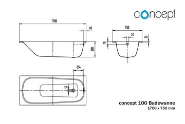 CONCEPT 100 vana 170x75 cm, bez nožiček, smaltovaná ocel 701615470001 Technický nákres
