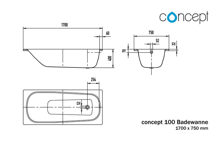 CONCEPT 100 vana 170x75 cm, bez nožiček, smaltovaná ocel 701615470001 Technický nákres