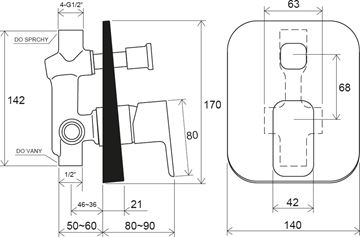 RAVAK 10° FREE BLACK TD F 061.20 vanová podomítková baterie, s přepínačem, s tělesem, černá mat X070156 Technický nákres