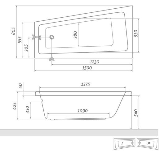 ROTH EVA SIDE 55 boční panel k vaně 55x54 cm 9780002 Technický nákres