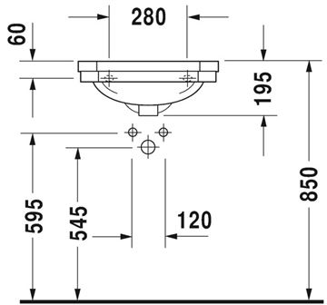 DURAVIT 1930 umývátko 50 cm, s otvorem pro baterii a přepadem 0785500000 Technický nákres