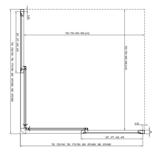 RAVAK SUPERNOVA SRV2 90 sprchové dveře 90x195 cm, posuvné, černá/plast pearl 14V703O211 Technický nákres