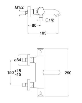 CRISTINA NEW DAY vanová nástěnná termostatická baterie, s přepínačem, chrom CRIND15751 Technický nákres