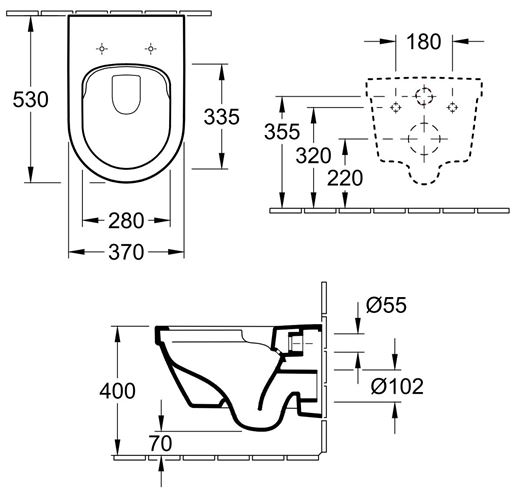 VILLEROY & BOCH ARCHITECTURA závěsné WC, se SoftClosing sedátkem, DirectFlush splachování, alpská bílá 4694HR01 Technický nákres