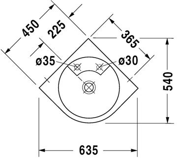 DURAVIT ARCHITEC umyvadlo rohové 63,5 cm, s otvorem pro baterii, bez přepadu 0448450000 Technický nákres