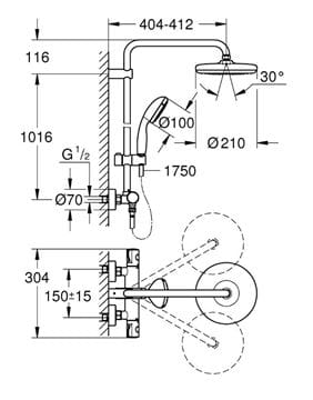 GROHE BAU SYSTEM 210 sprchový set s termostatickou baterií, horní sprcha, ruční sprcha, tyč, hadice, chrom 26699000 Technický nákres