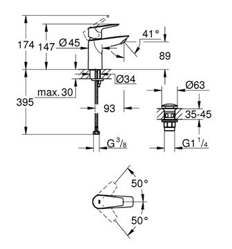 GROHE BAUEDGE umyvadlová stojánková, s odtokovou soupravou, chrom 23895001 Technický nákres