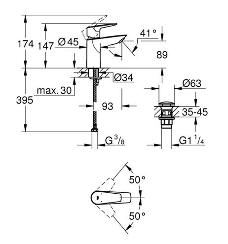 GROHE BAUEDGE umyvadlová stojánková, s odtokovou soupravou, chrom 23895001 Technický nákres