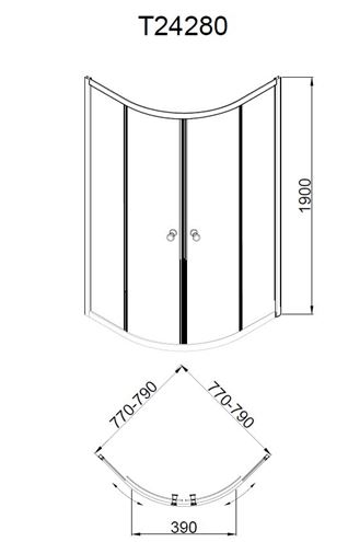 EASY NEO T24280 sprchový kout 80x80 cm, R550, posuvné dveře, chrom/sklo transparent T24280 Technický nákres