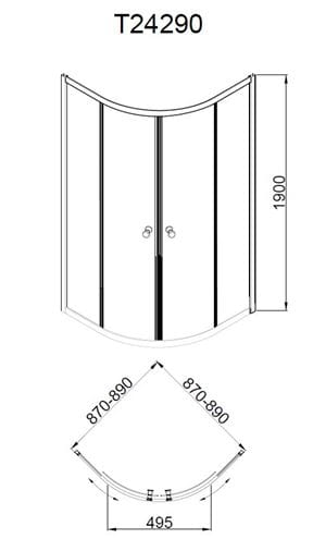 EASY NEO T24290 sprchový kout 90x90 cm, R550, posuvné dveře, chrom/sklo transparent T24290 Technický nákres