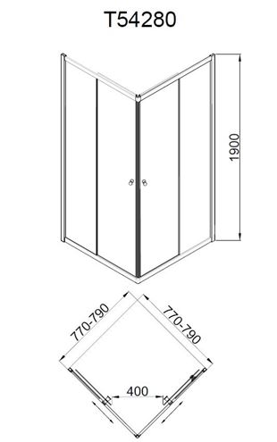 EASY NEO T54280 sprchový kout 80x80 cm, rohový vstup, posuvné dveře, chrom/sklo transparent T54280 Technický nákres