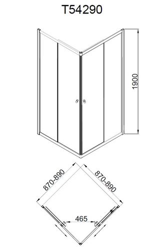 EASY NEO T54290 sprchový kout 90x90 cm, rohový vstup, posuvné dveře, chrom/sklo transparent T54290 Technický nákres