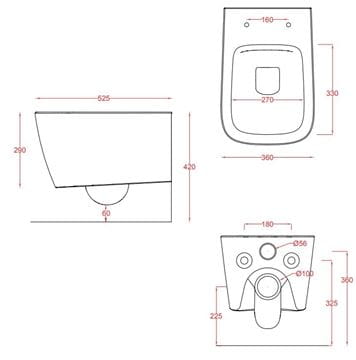 ARTCERAM A16 závěsné WC, Rimless splachování, lesklá bílá  ASV003 01,00 Technický nákres