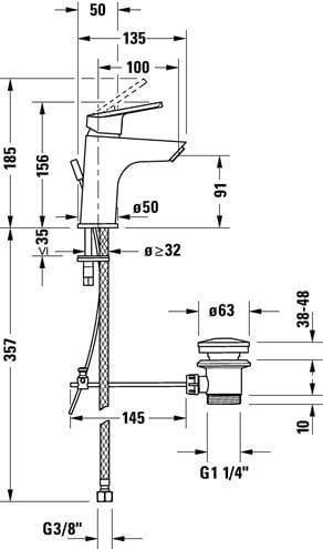 DURAVIT NO.1 umyvadlová stojánková baterie, s odtokovou soupravou, MinusFlow, chrom N11012001010 Technický nákres