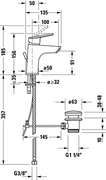 DURAVIT NO.1 umyvadlová stojánková baterie, s odtokovou soupravou, FreshStart, chrom N11011001010 Technický nákres