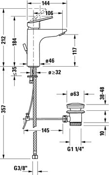 DURAVIT NO.1 umyvadlová stojánková baterie, s odtokovou soupravou, MinusFlow, chrom N11022001010 Technický nákres