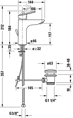DURAVIT NO.1 umyvadlová stojánková baterie, s odtokovou soupravou, MinusFlow, chrom N11022001010 Technický nákres