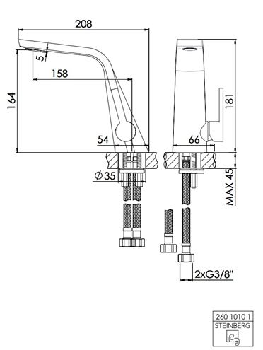 STEINBERG 260 umyvadlová stojánková baterie, matná černá 260 1010 1 S Technický nákres