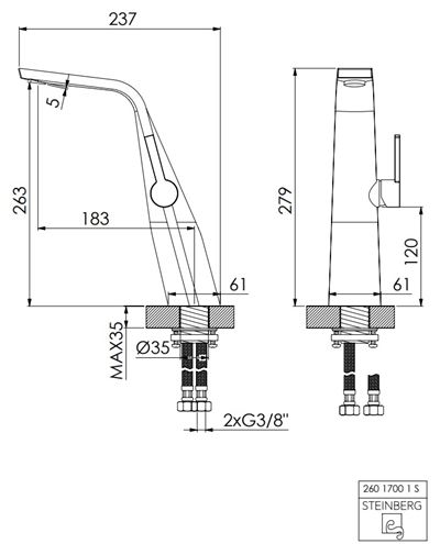 STEINBERG 260 umyvadlová stojánková baterie, matná černá 260 1700 1 S Technický nákres