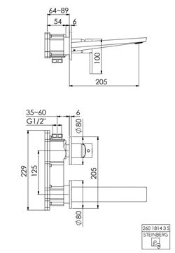 STEINBERG 260 umyvadlová podomítková baterie, matná černá 260 1814 3 S Technický nákres
