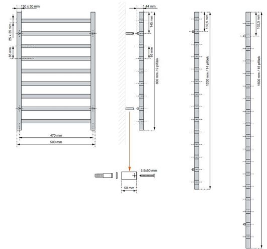 CONCEPT 200 CUBE koupelnový radiátor 1200/500, středové připojení, matná černá 9205 ART5-120-050-05-9205 Technický nákres