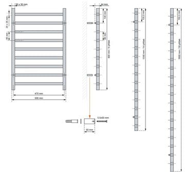 CONCEPT 200 CUBE koupelnový radiátor 1200/500, středové připojení, matná černá 9205 ART5-120-050-05-9205 Technický nákres