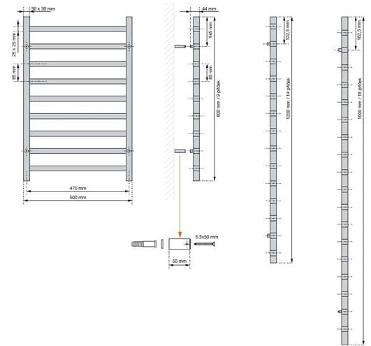 CONCEPT 200 CUBE koupelnový radiátor 1600/500, středové připojení, matná černá 9205 ART5-160-050-05-9205 Technický nákres