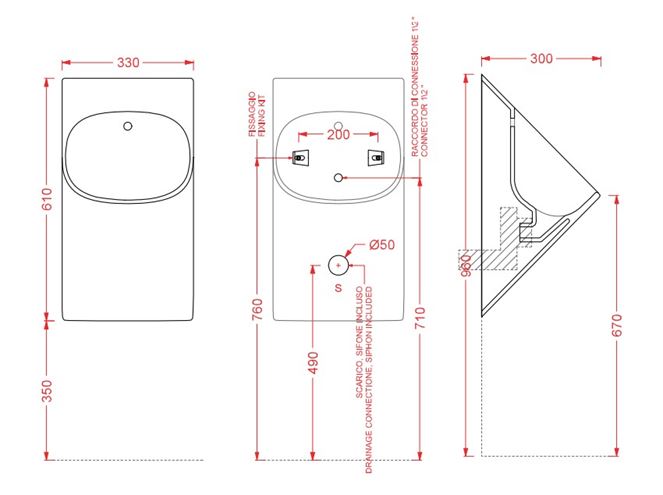 ARTCERAM LA FONTANA 2.0 pisoár, zadní přívod vody, lesklá bílá  LFO002 01,00 Technický nákres