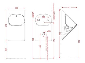 ARTCERAM LA FONTANA 2.0 pisoár, zadní přívod vody, lesklá bílá  LFO002 01,00 Technický nákres