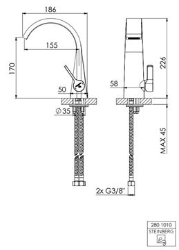 STEINBERG 280 umyvadlová stojánková baterie, chrom 280 1010 Technický nákres