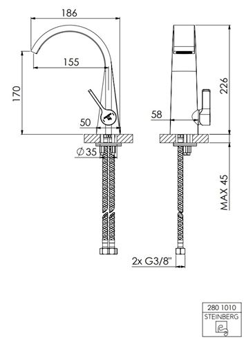 STEINBERG 280 umyvadlová stojánková baterie, chrom 280 1010 Technický nákres