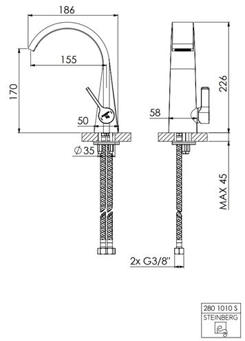 STEINBERG 280 umyvadlová stojánková baterie, matná černá 280 1010 S Technický nákres