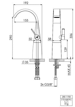 STEINBERG 280 umyvadlová stojánková baterie, chrom 280 1700 Technický nákres
