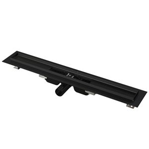 ALCA APZ101BLACK LOW sprchový žlab 650 mm, do prostoru i ke stěně, boční odtok DN 40, bez roštu, PP/nerez ocel, černá matná