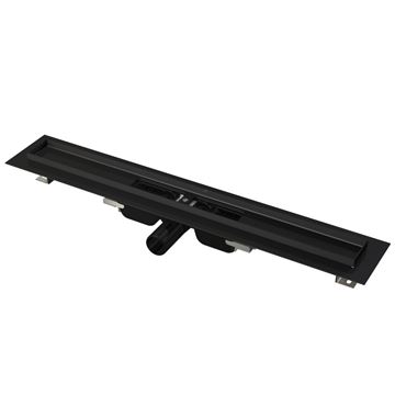 ALCA APZ101BLACK LOW sprchový žlab 650 mm, do prostoru i ke stěně, boční odtok DN 40, bez roštu, PP/nerez ocel, černá matná