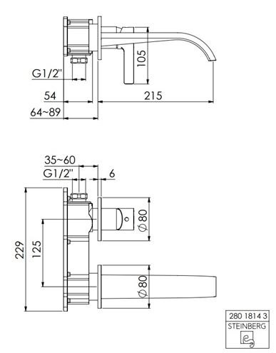STEINBERG 280 umyvadlová podomítková baterie, chrom 280 1814 3 Technický nákres