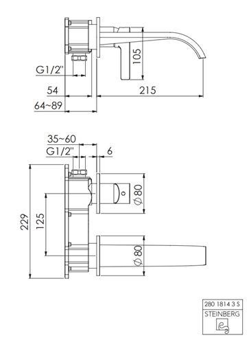 STEINBERG 280 umyvadlová podomítková baterie, matná černá 280 1814 3 S Technický nákres