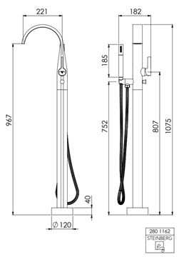STEINBERG 280 vanová baterie na podlahu, s přepínačem, se sprchovou soupravou, chrom 280 1162 Technický nákres