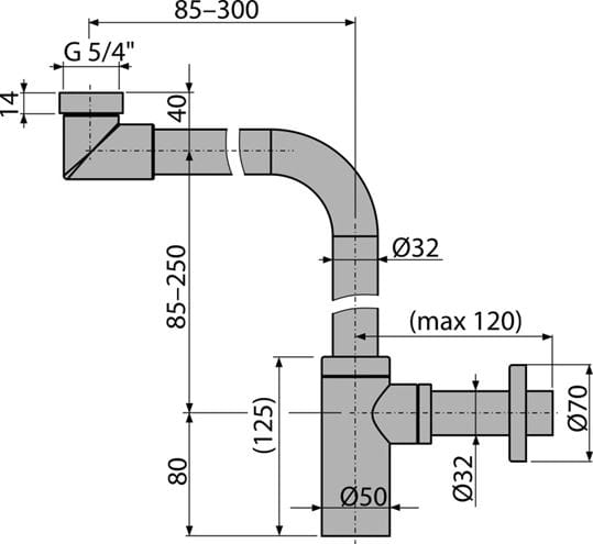 ALCA designový sifon k umyvadlu DN32, s převlečnou maticí 5/4, chrom A403 Technický nákres