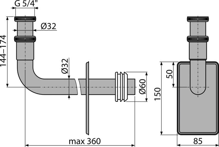 ALCA designový podomítkový sifon k umyvadlu DN32, s převlečnou maticí 5/4, chrom A438 Technický nákres