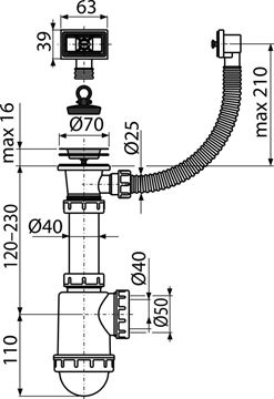 ALCA A444 dřezový sifon DN40/50, s výpustí a přepadem A444-DN50/40 Technický nákres