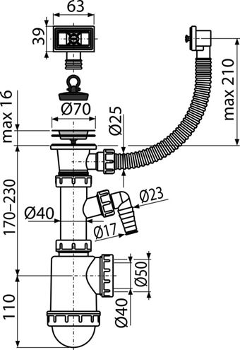 ALCA A444P dřezový sifon DN40/50, s přípojkou, výpustí a přepadem A444P-DN50/40 Technický nákres