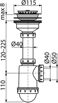 ALCA A446 dřezový sifon DN40/50, s výpustí A446-DN50/40 Technický nákres