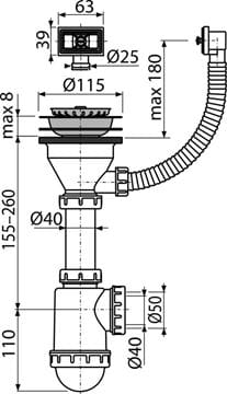 ALCA A447 dřezový sifon DN40/50, s výpustí a přepadem A447-DN50/40 Technický nákres