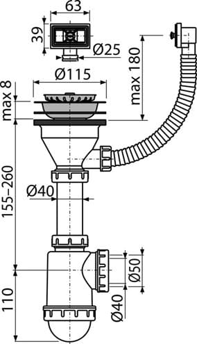 ALCA A447 dřezový sifon DN40/50, s výpustí a přepadem A447-DN50/40 Technický nákres