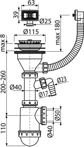ALCA A447P dřezový sifon DN40/50, s přípojkou, výpustí a přepadem A447P-DN50/40 Technický nákres