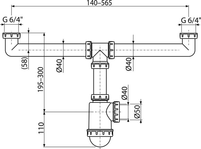 ALCA A448 dřezový sifon DN40/50, dvojitý, s převlečnými maticemi 6/4 A448-DN50/40 Technický nákres
